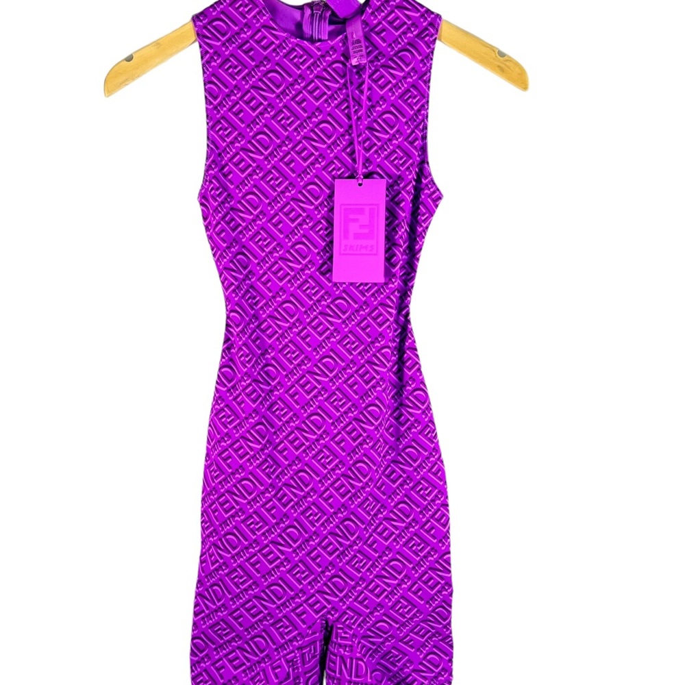 FENDI X Skims Purple Sleeveless Logo Mid Thigh Dress Bodysuit XXS
